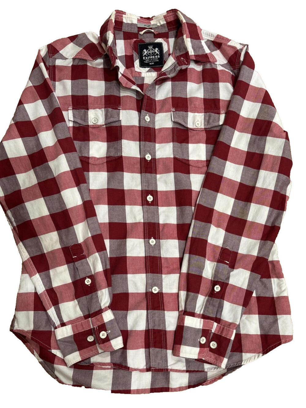 Express Men's Fitted Plaid Button-Up Shirt Red Black White Cotton Medium